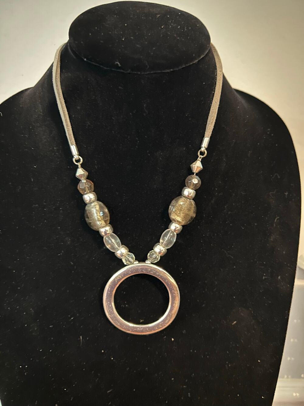 Boho Silver Tone Round Circle Pendant Necklace Leather Beaded Chain 11"